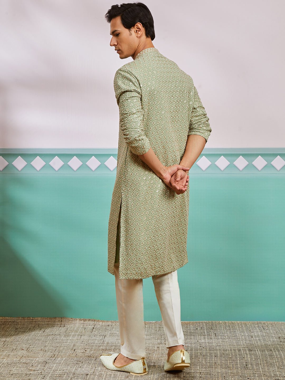 vastramayMen's Pista Green Chikankari Rayon Kurta with Cream Fine Satin Pyjama