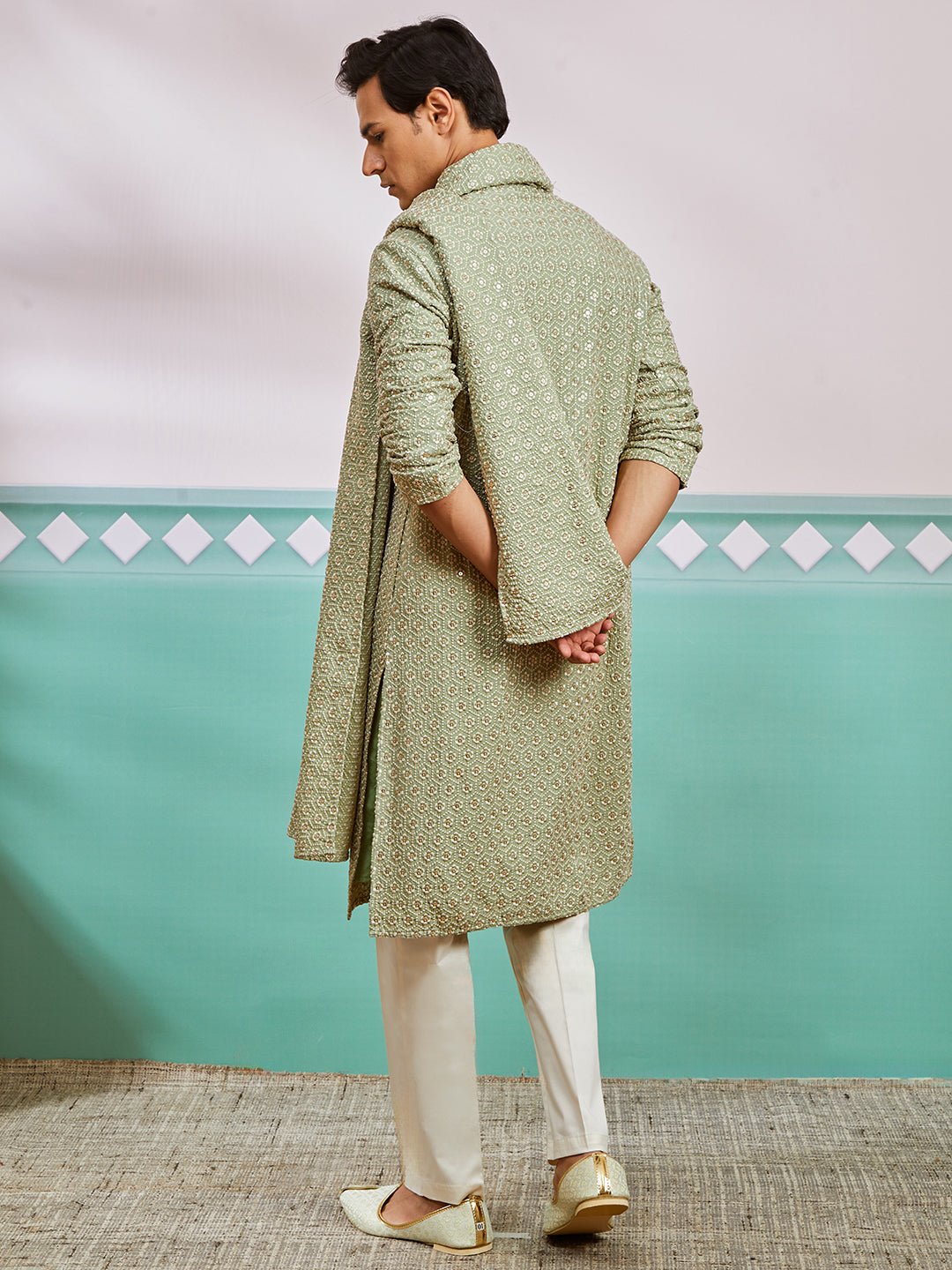 vastramayMen's Pista Green Chikankari Rayon Kurta with Cream Pyjama & Pista Embroidered Dupatta
