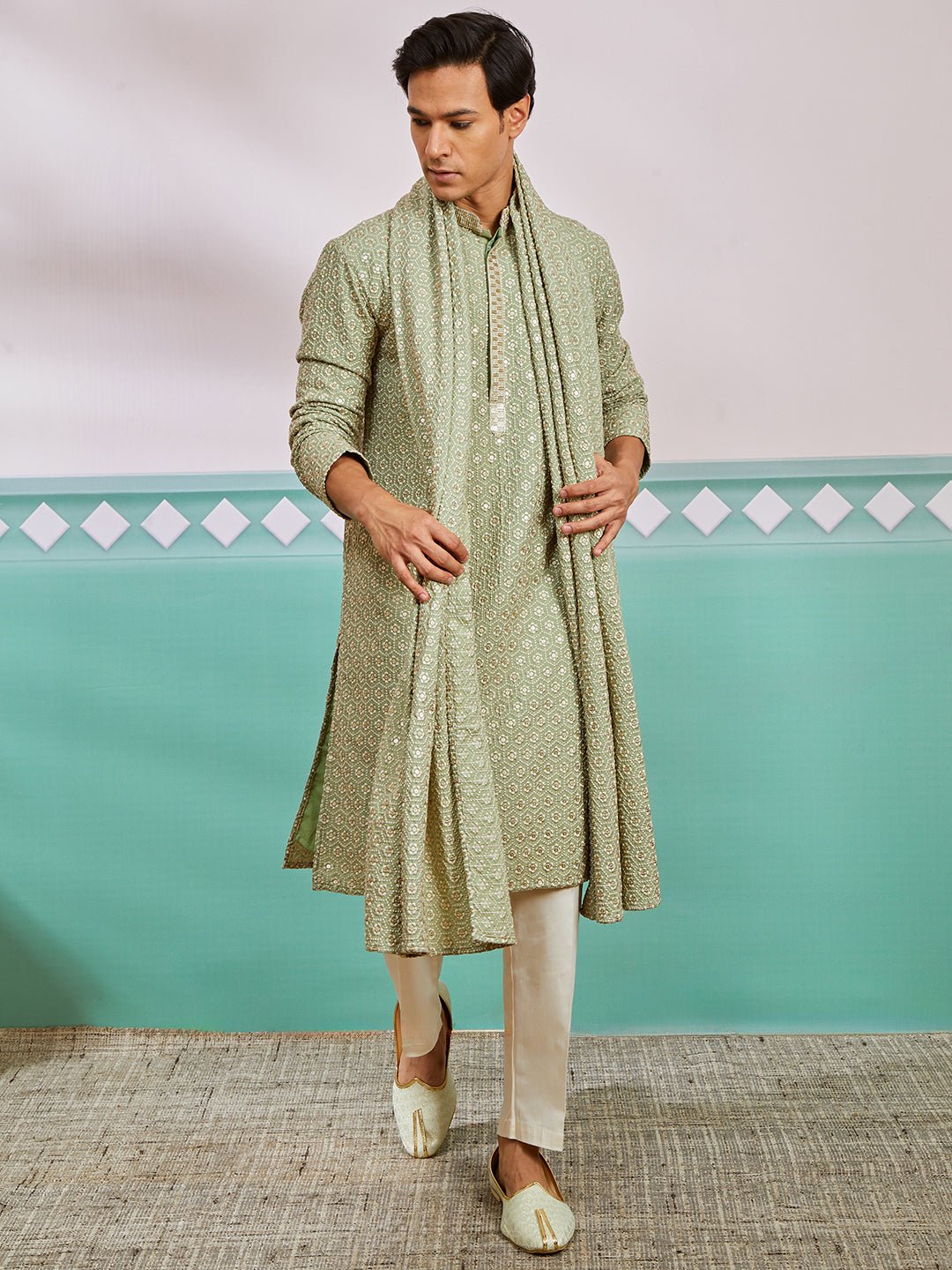 vastramayMen's Pista Green Chikankari Rayon Kurta with Cream Pyjama & Pista Embroidered Dupatta