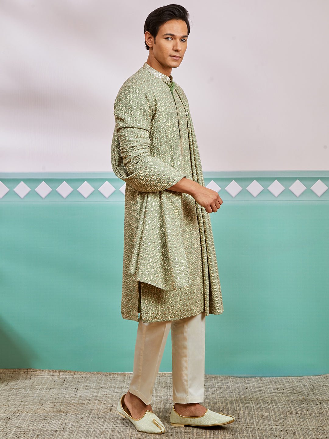 vastramayMen's Pista Green Chikankari Rayon Kurta with Cream Pyjama & Pista Embroidered Dupatta
