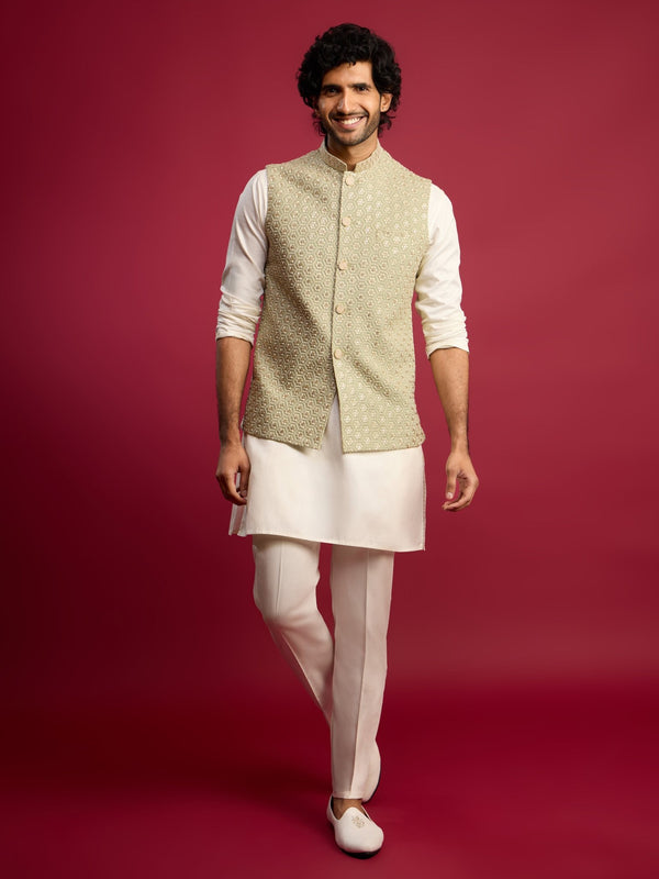 vastramayMen's Pista Green Sequin & Thread Embroidered Nehru Jacket with Cream Satin Kurta & Pants Set