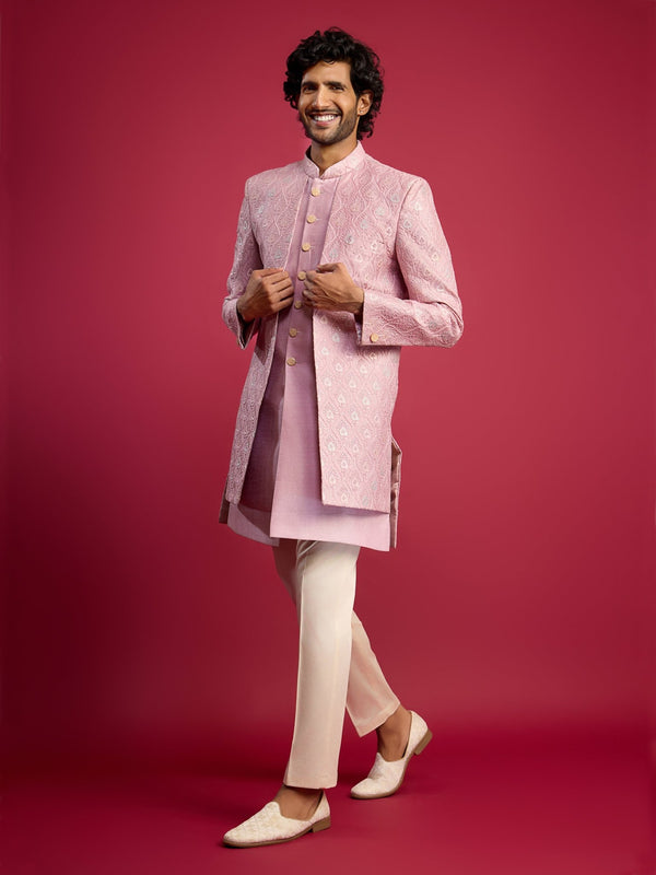 vastramayMen's Purple Embroidered Silk Blend Indo - Western with Cream Pant Style Pyjama