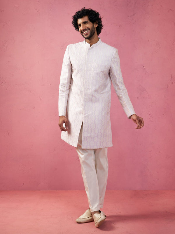 vastramayMen's Purple Jacquard Indo - Western Kurta with Cream Trousers