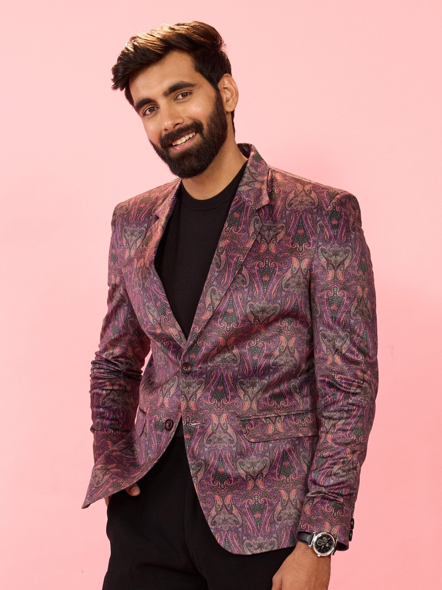 vastramayMen's Purple Velvet Paisley Digital Print Notch Collar Wedding Blazer