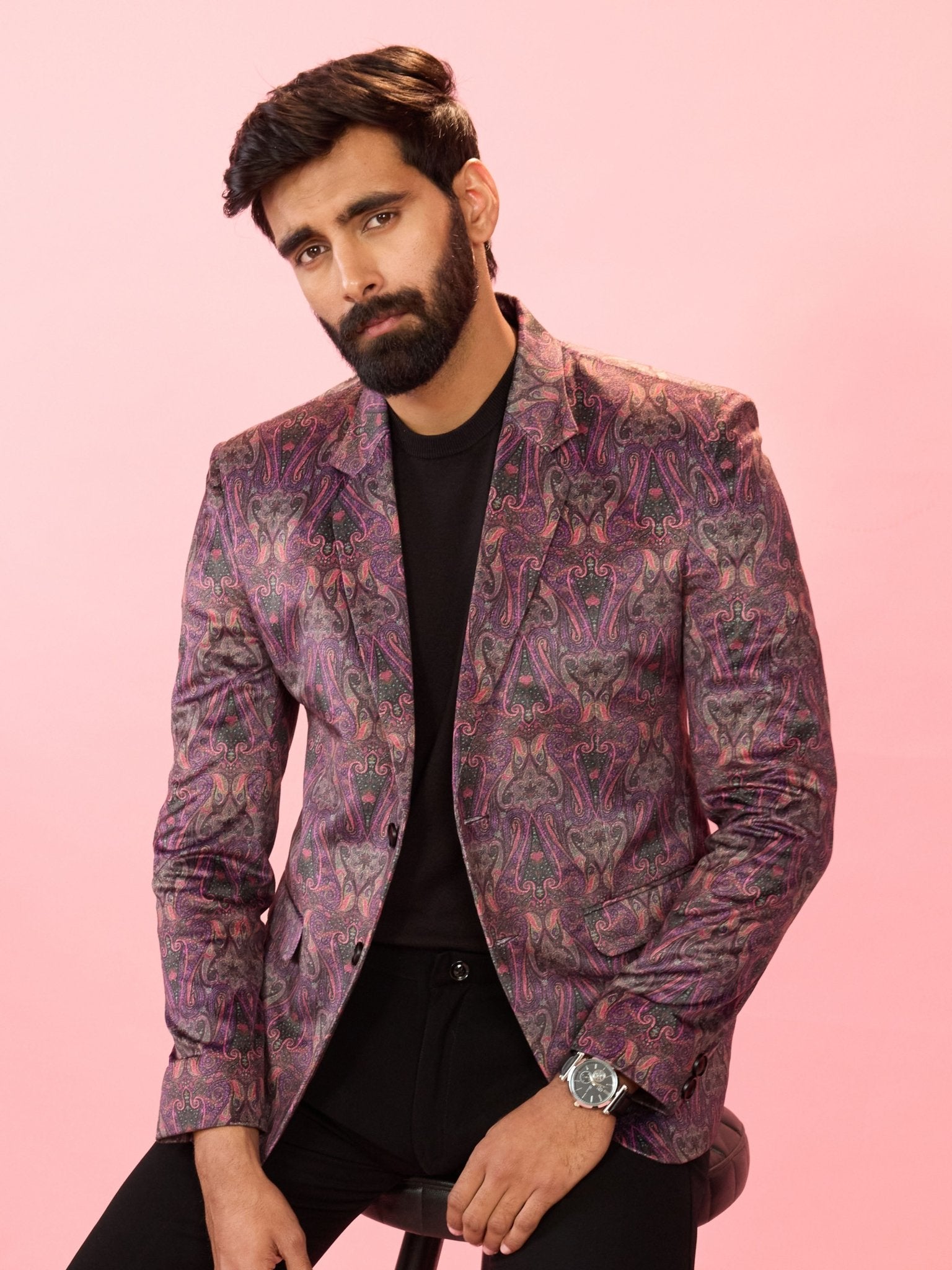 vastramayMen's Purple Velvet Paisley Digital Print Notch Collar Wedding Blazer