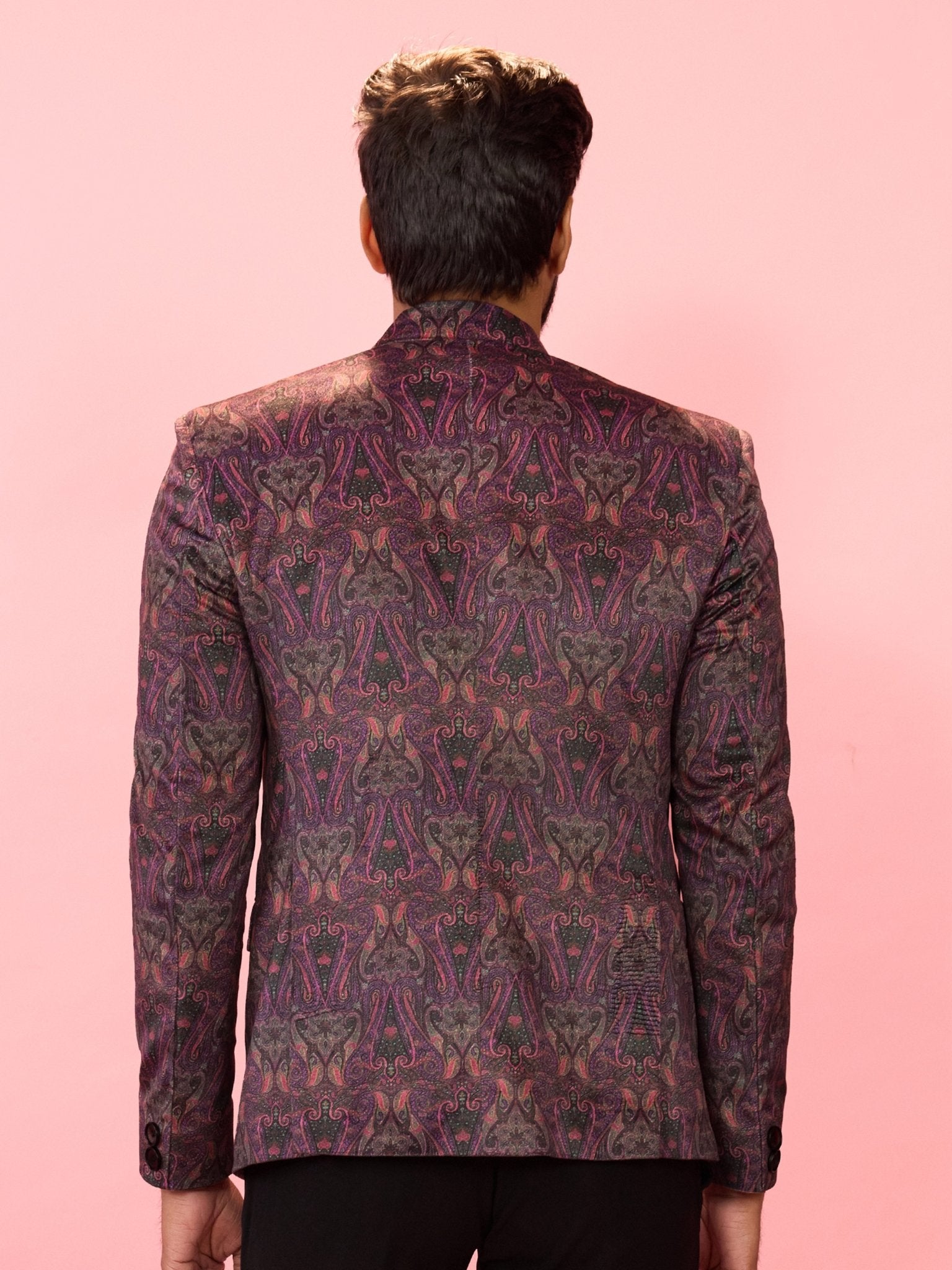 vastramayMen's Purple Velvet Paisley Digital Print Notch Collar Wedding Blazer