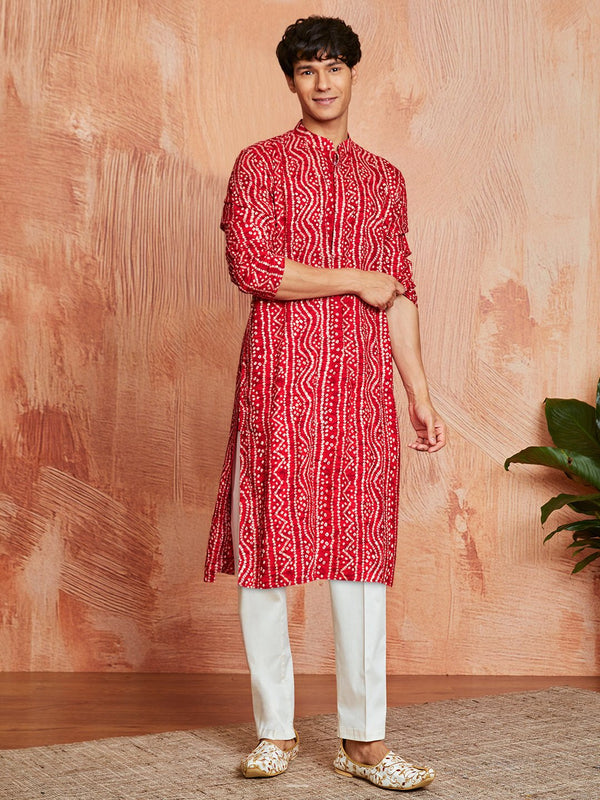 vastramayMen's Red Foil Bandhani Digital Print Rayon Kurta with Cream Viscose Pyjama