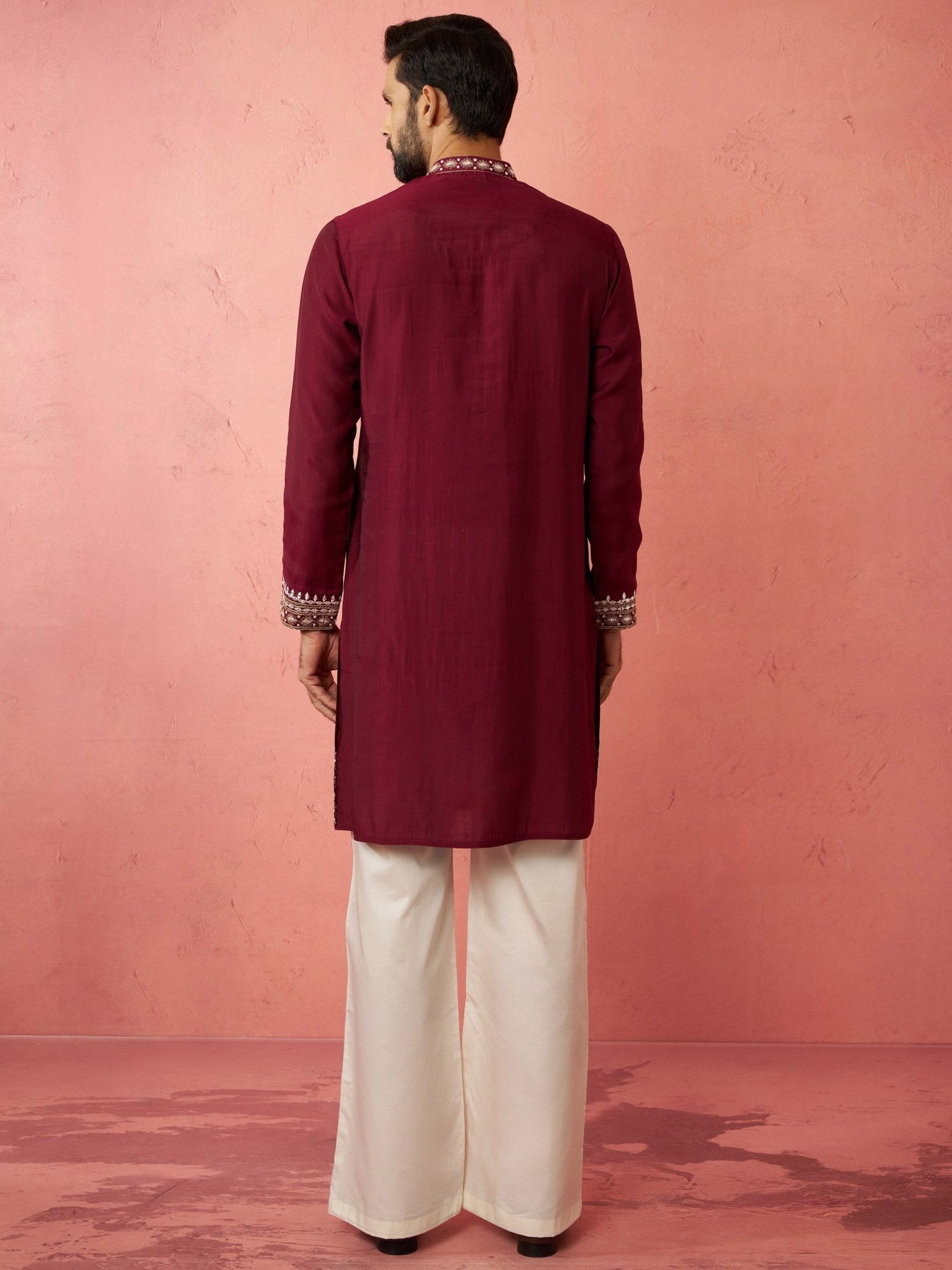 vastramayMen's Wine Chanderi Kurta Set with Cream Pant