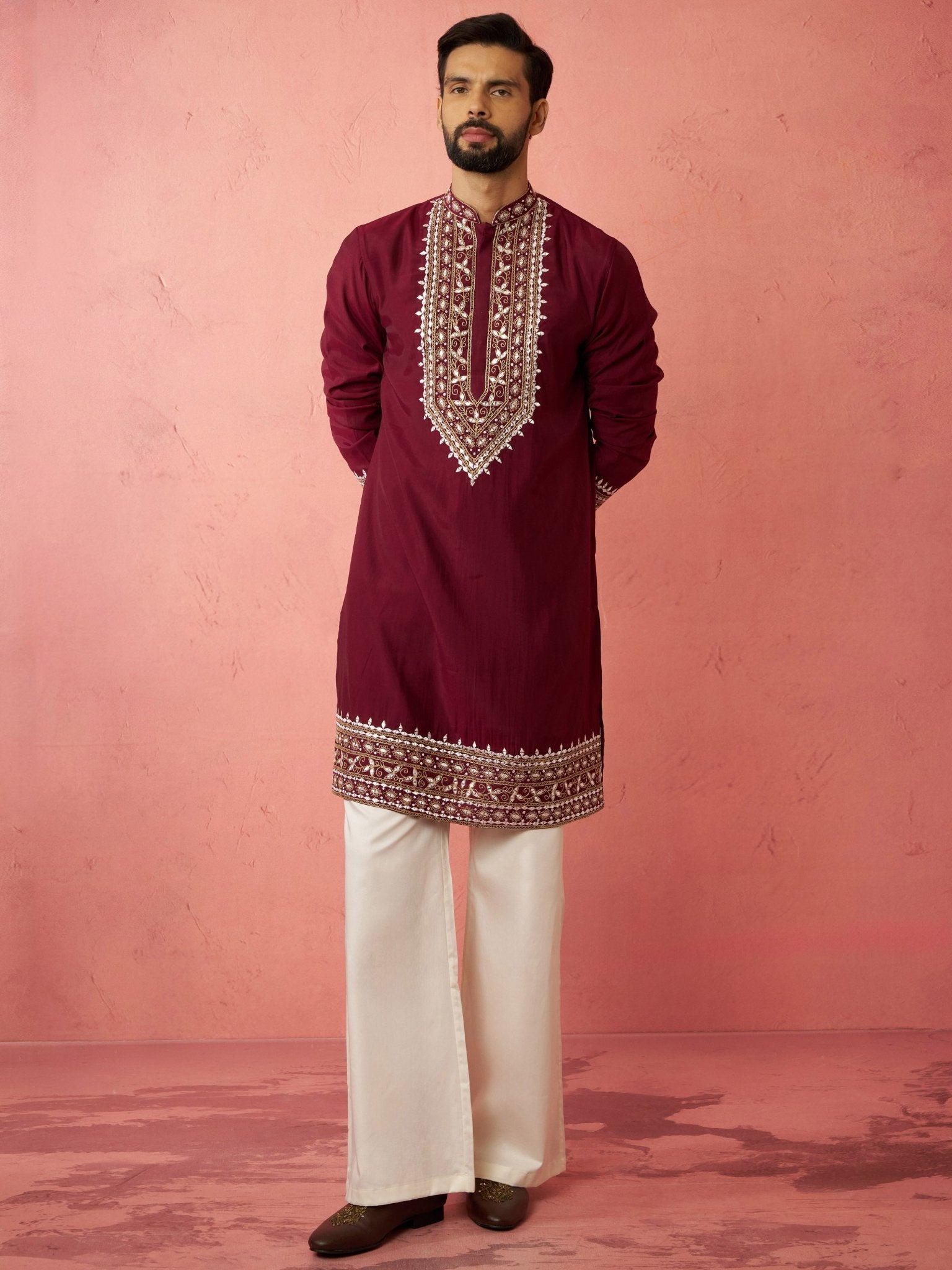 vastramayMen's Wine Chanderi Kurta Set with Cream Pant