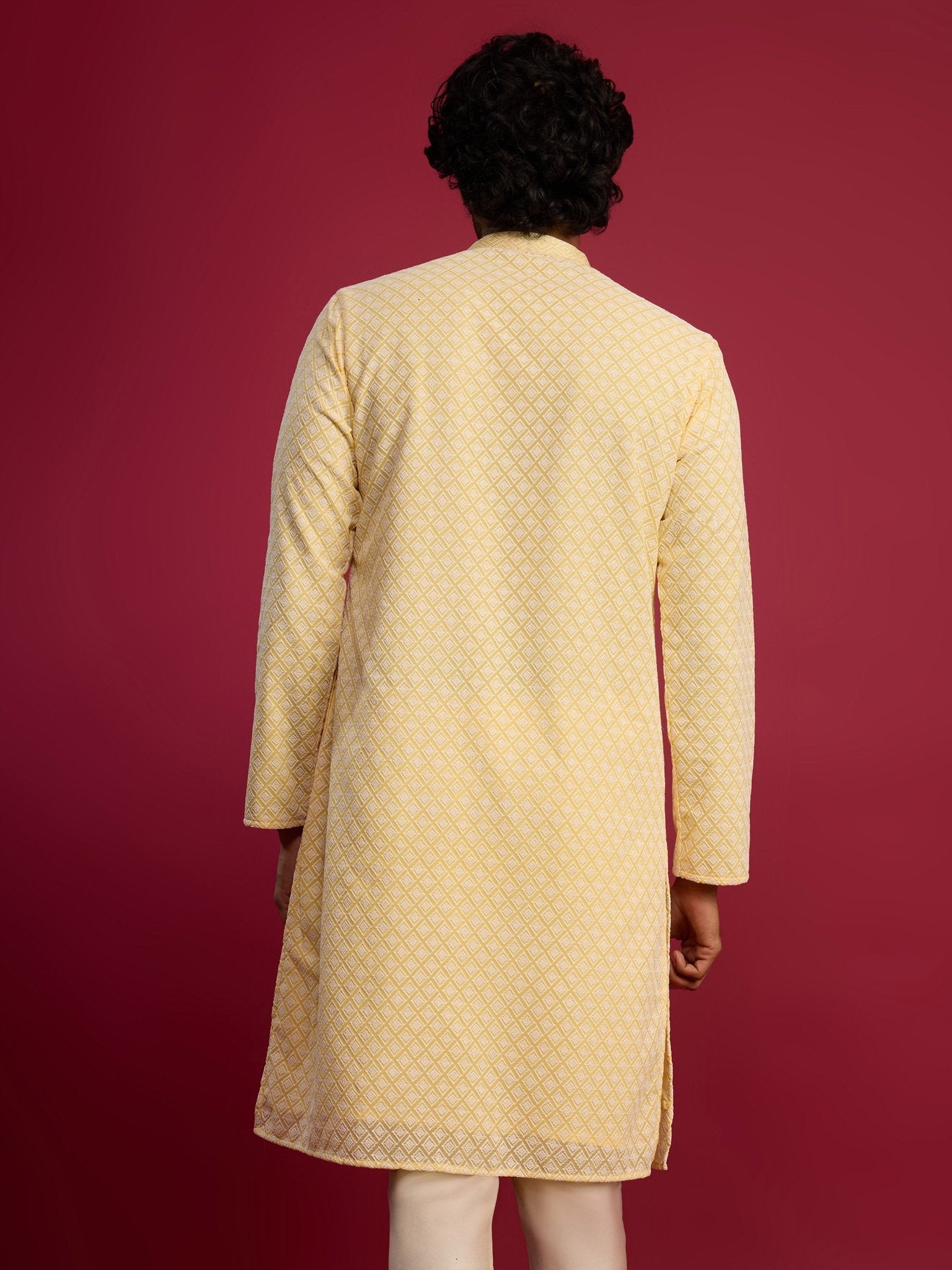 vastramayMen's Yellow Faux Georgette Thread Embroidered Long Kurta
