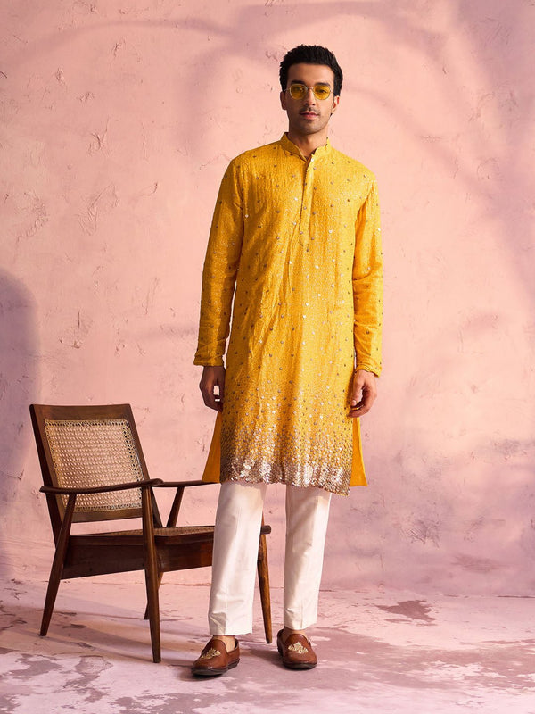 vastramayMen's Yellow Ombre Sequin Georgette Kurta with Cream Satin Pyjama