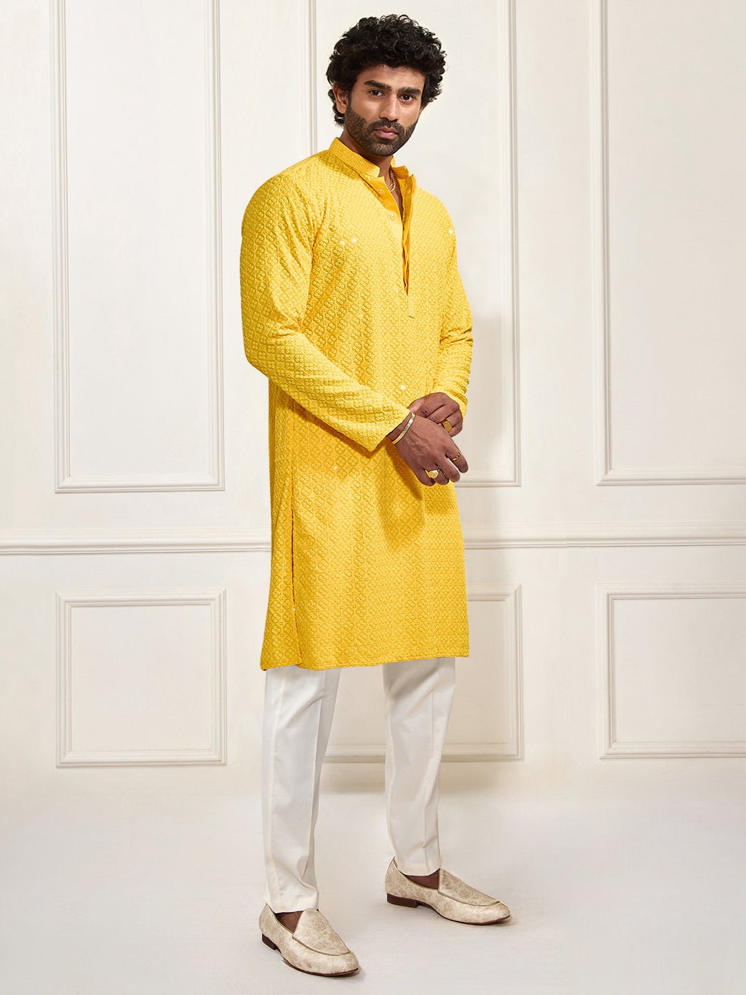 vastramayMen's Yellow Shifli Sequin Embroidered Kurta with Cream Pyjama Set