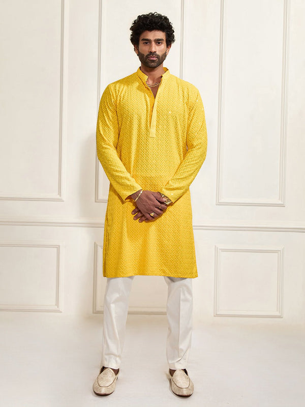 vastramayMen's Yellow Shifli Sequin Embroidered Kurta with Cream Pyjama Set
