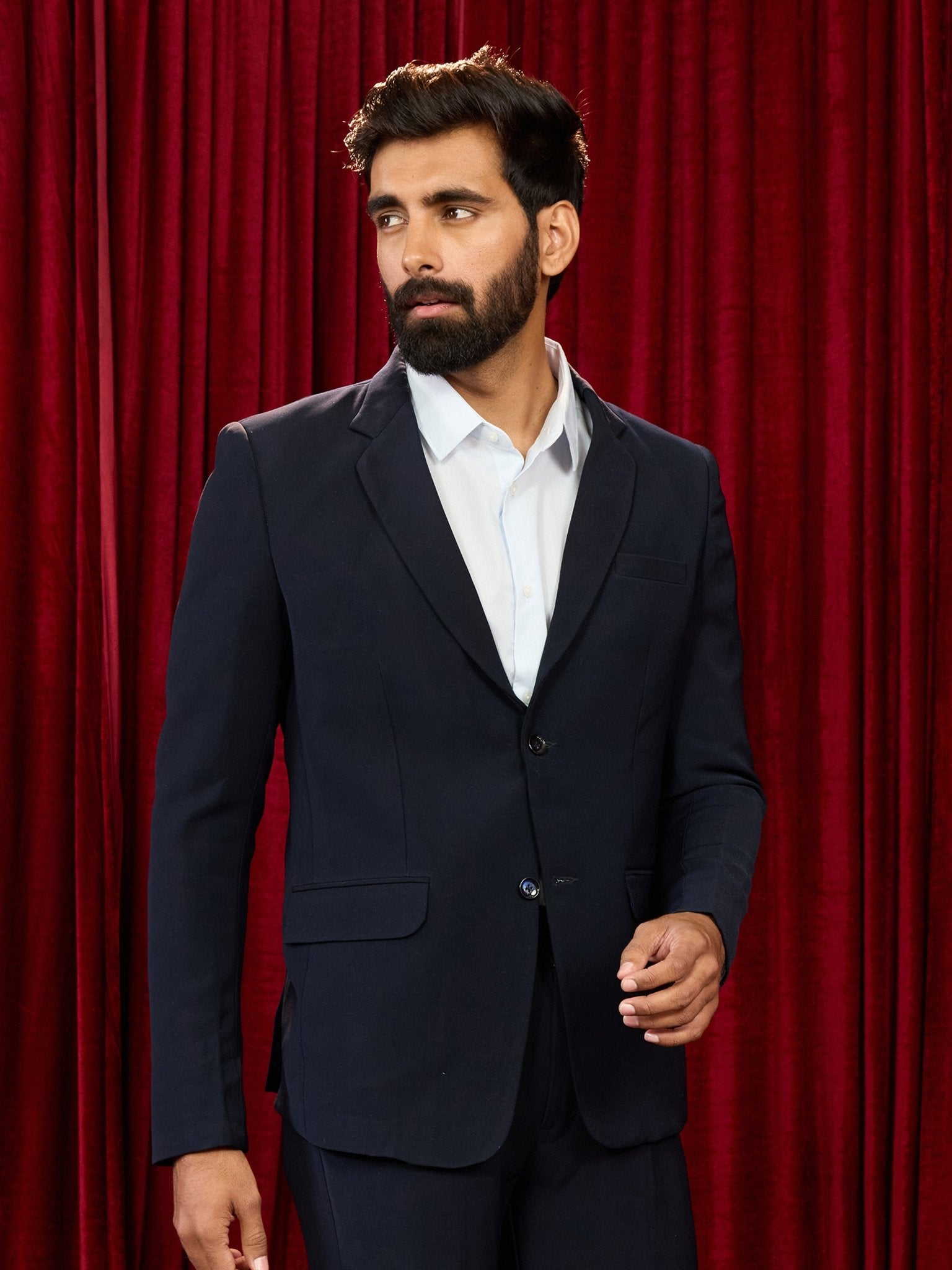 vastramayMen's's Navy Blue Solid Lachka Imported Suiting Blazer