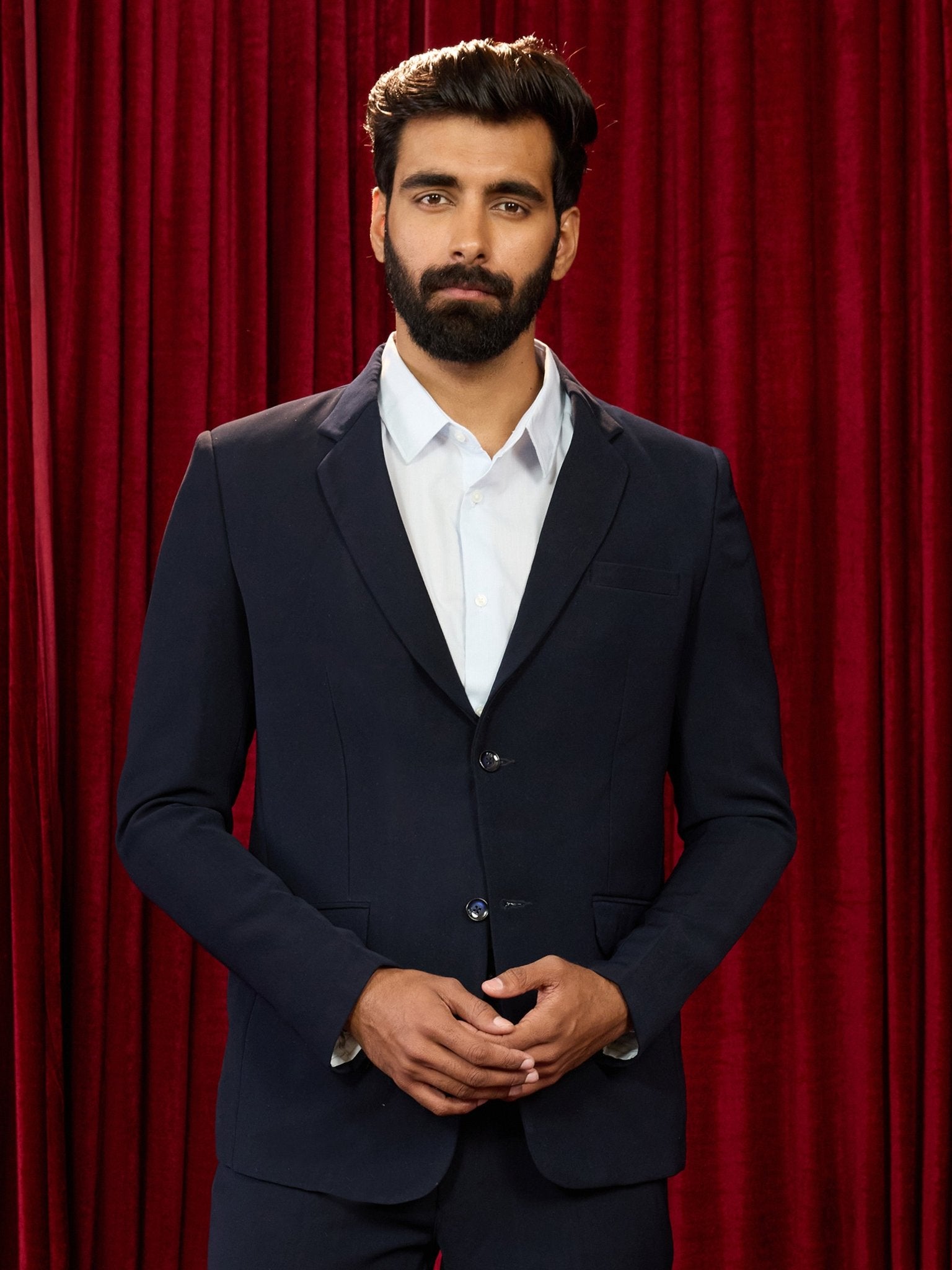 vastramayMen's's Navy Blue Solid Lachka Imported Suiting Blazer