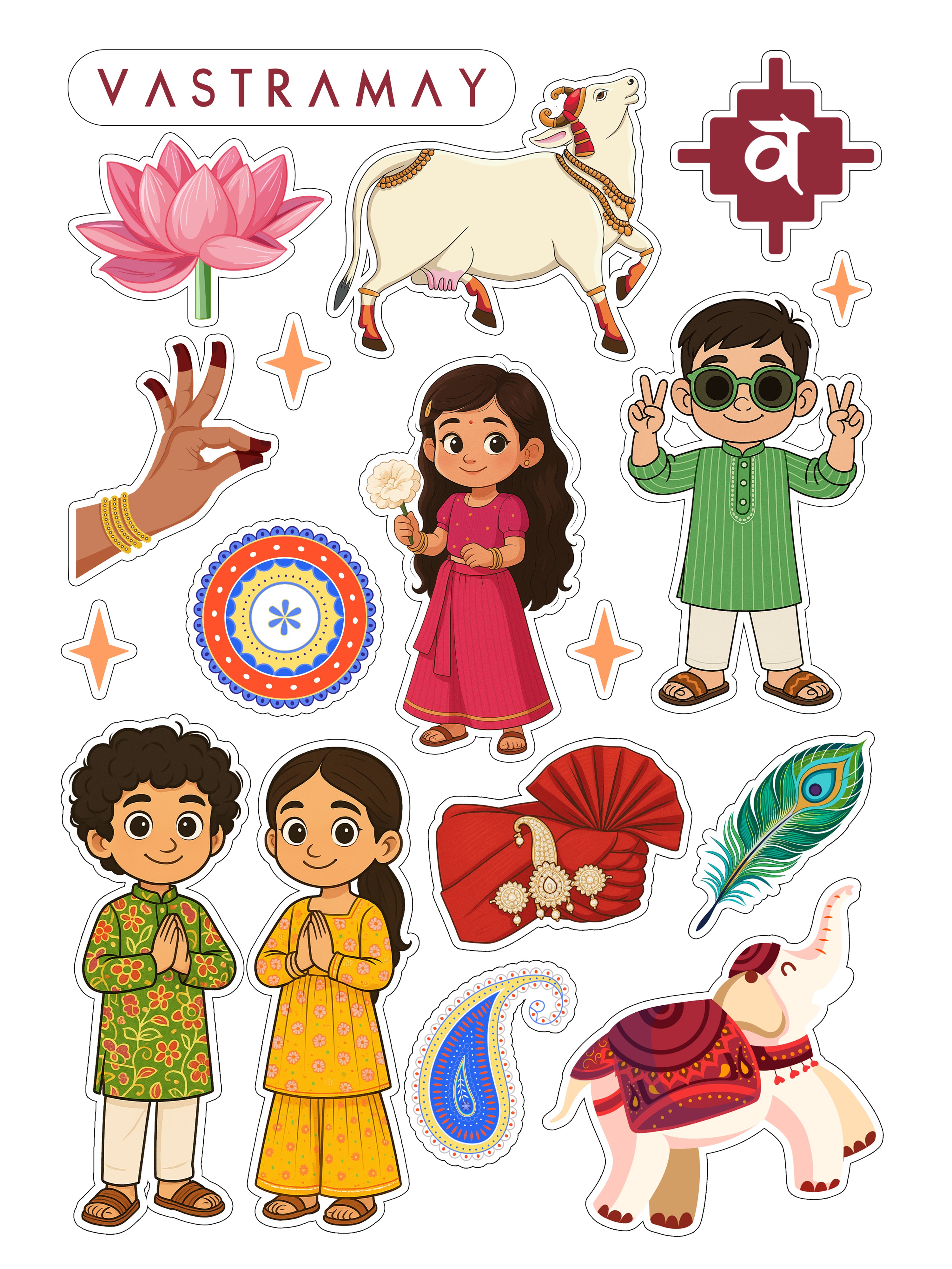 Vastramay Rakhi Festive Kids Sticker Sheet – Ethnic Indian Characters, Cow & Elephant Stickers for Craft & Decoration
