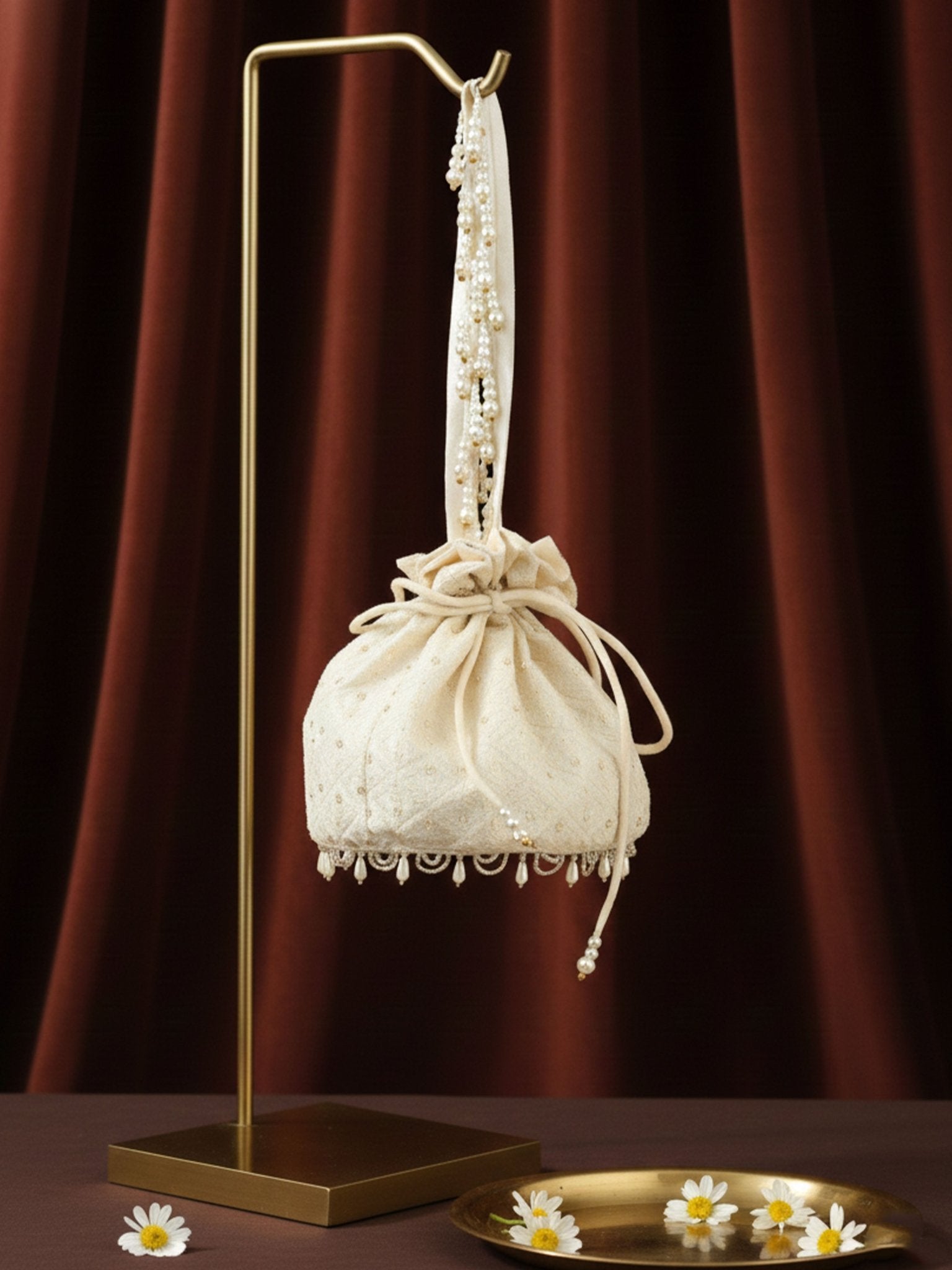 vastramayWomen's Cream Handcrafted Potli Clutch