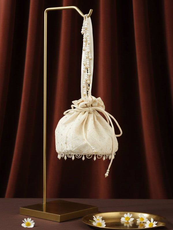 vastramayWomen's Cream Handcrafted Potli Clutch