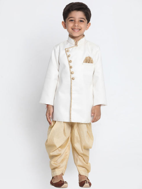 Boys' White Cotton Silk Blend Kurta and Pyjama Set