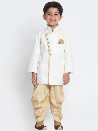 Vastramay Cotton Blend White and Gold Baap Beta Sherwani Set