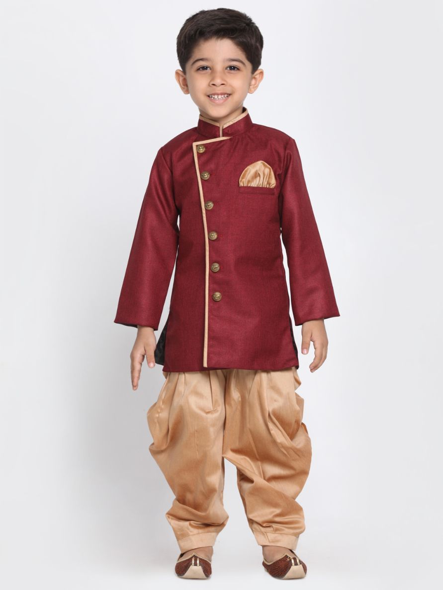 Boys' Maroon Cotton Silk Blend Kurta and Pyjama Set