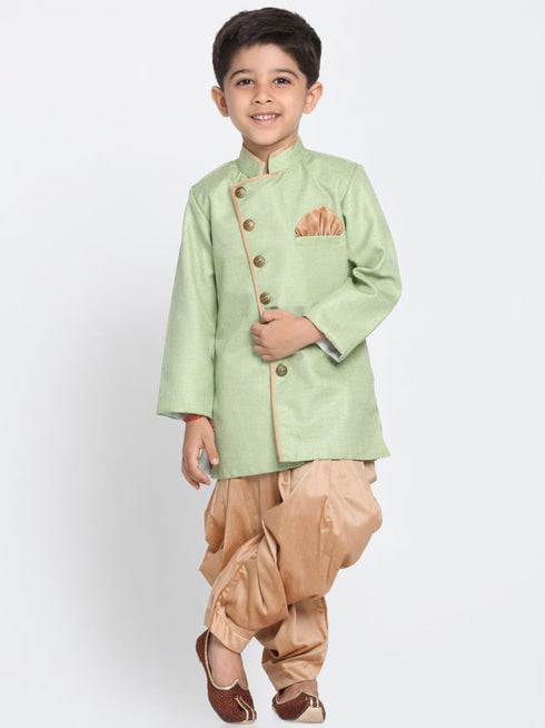 Boys' Green Cotton Silk Blend Kurta and Pyjama Set