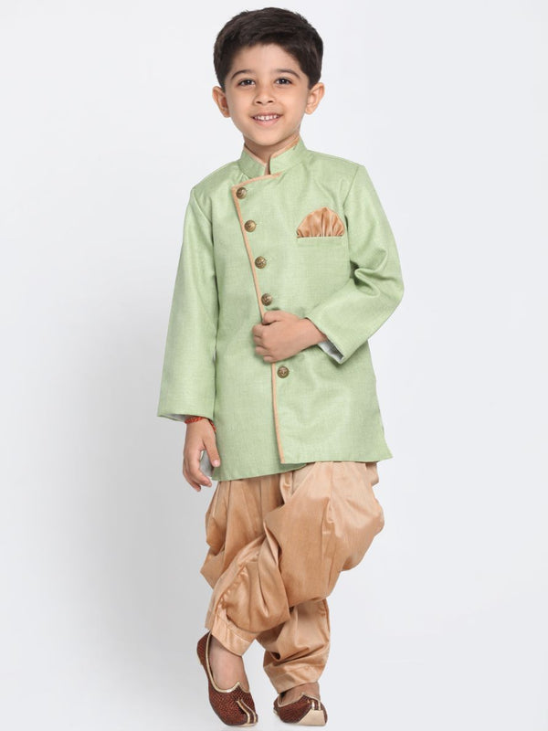 Boys' Green Cotton Silk Blend Kurta and Pyjama Set