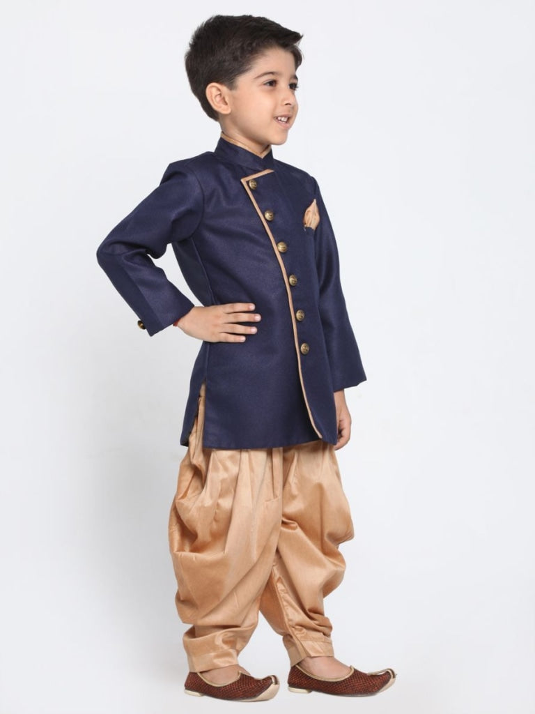 Boys' Deep Blue Cotton Silk Blend Kurta and Pyjama Set
