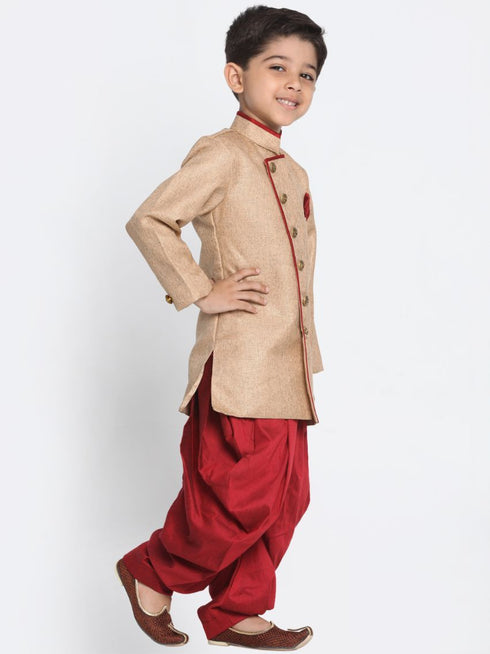 Boys' Brown Cotton Silk Blend Kurta and Pyjama Set