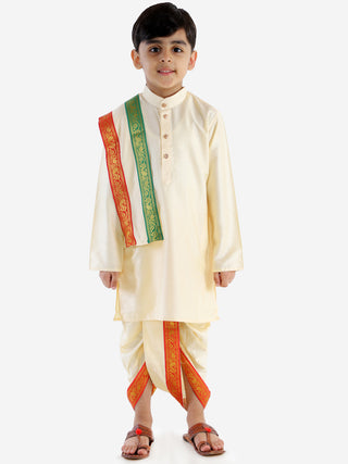 VASTRAMAY Boy's Gold Cotton Blend Kurta Dhoti and Dupatta Set