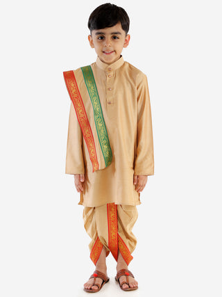 VASTRAMAY Boy's Rose Gold Cotton Blend Kurta Dhoti and Dupatta Set