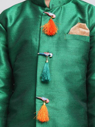 Boys' Green Cotton Silk Blend Kurta and Dhoti Pant Set