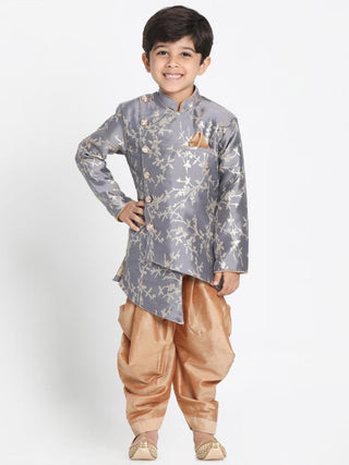 Boys' Grey Cotton Silk Blend Kurta and Dhoti Pant Set