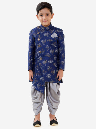 VASTRAMAY Boys Blue And Grey Angrakha Style Indowestern Sherwani And Dhoti Set
