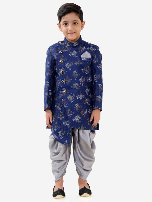 Boy's Blue And Grey Angrakha Style Indowestern Sherwani And Dhoti Set