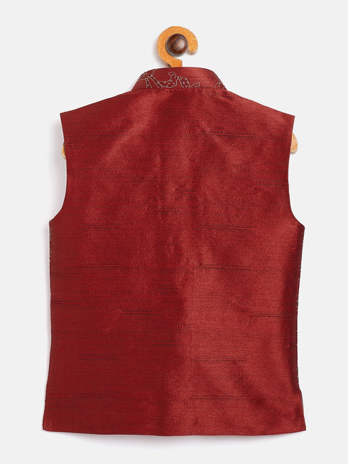 Boy's Maroon Silk Blend Embroidered Nehru Jacket