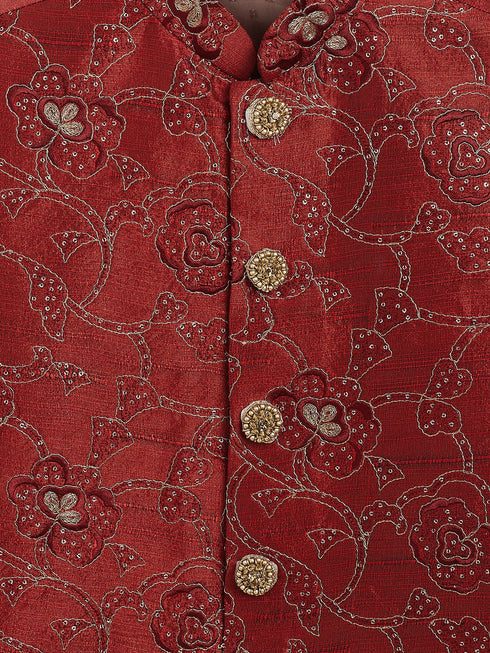 Boy's Maroon Silk Blend Embroidered Nehru Jacket