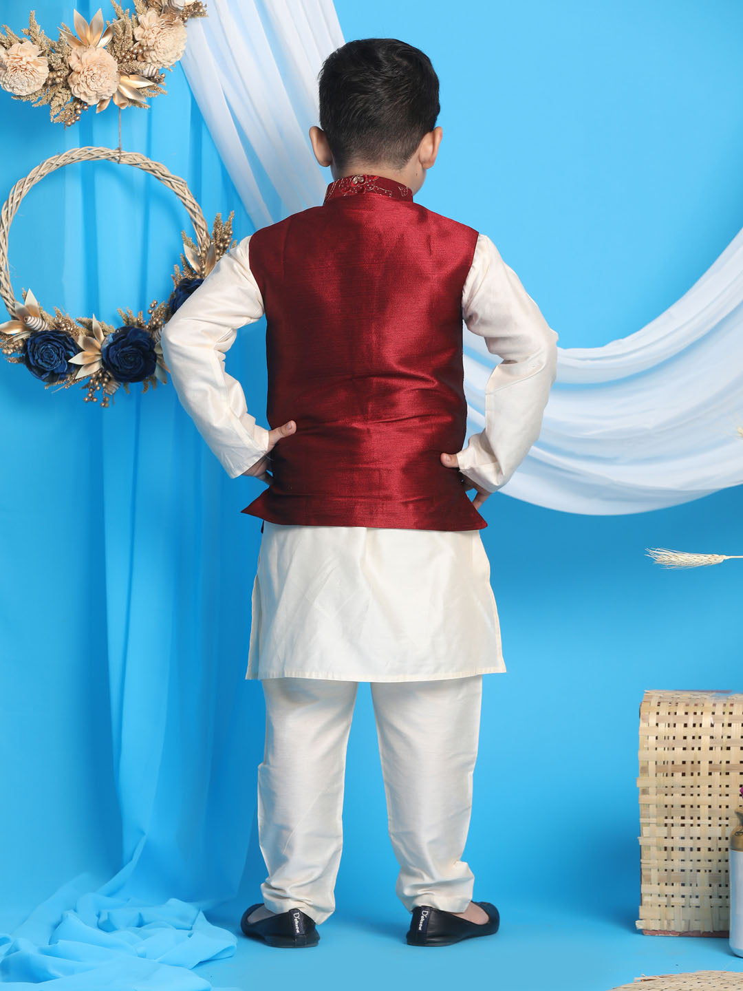 Boy's Maroon Nehru Jacket With Cream Kurta And Pyjama Set