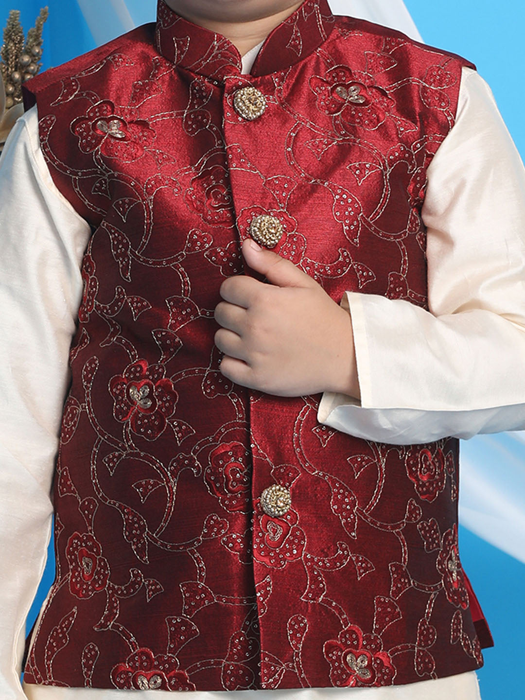 Boy's Maroon Nehru Jacket With Cream Kurta And Pyjama Set