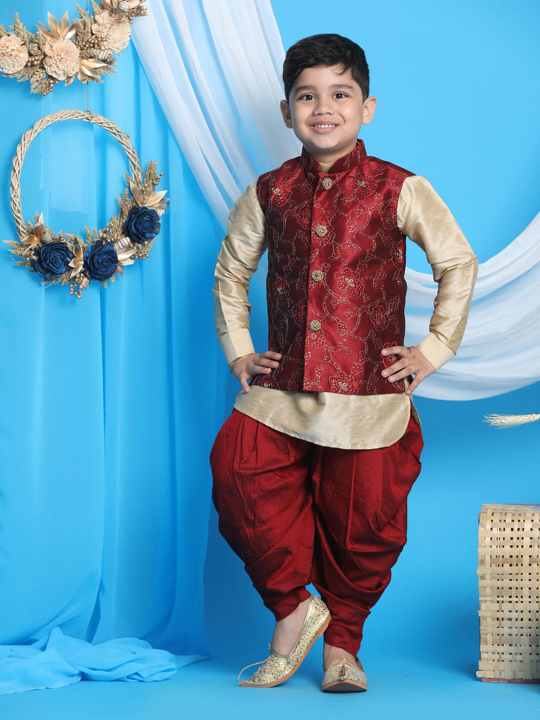 Boy's Maroon Embroidered Nehru Jacket With Gold Kurta And Maroon Dhoti Set