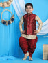 Boy's Maroon Embroidered Nehru Jacket With Gold Kurta And Maroon Dhoti Set