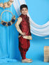 Boy's Maroon Embroidered Nehru Jacket With Gold Kurta And Maroon Dhoti Set