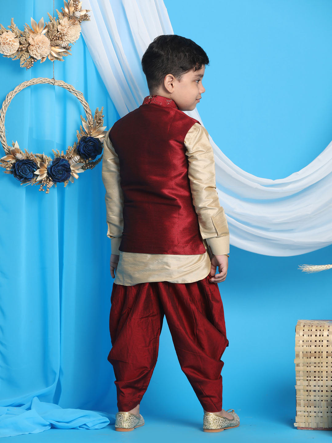 Boy's Maroon Embroidered Nehru Jacket With Gold Kurta And Maroon Dhoti Set
