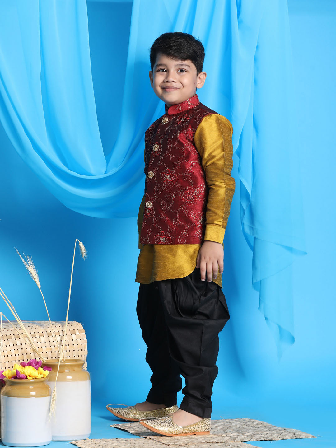 Boy's Maroon Embroidered Nehru Jacket With Mustard Kurta And Black Dhoti Set