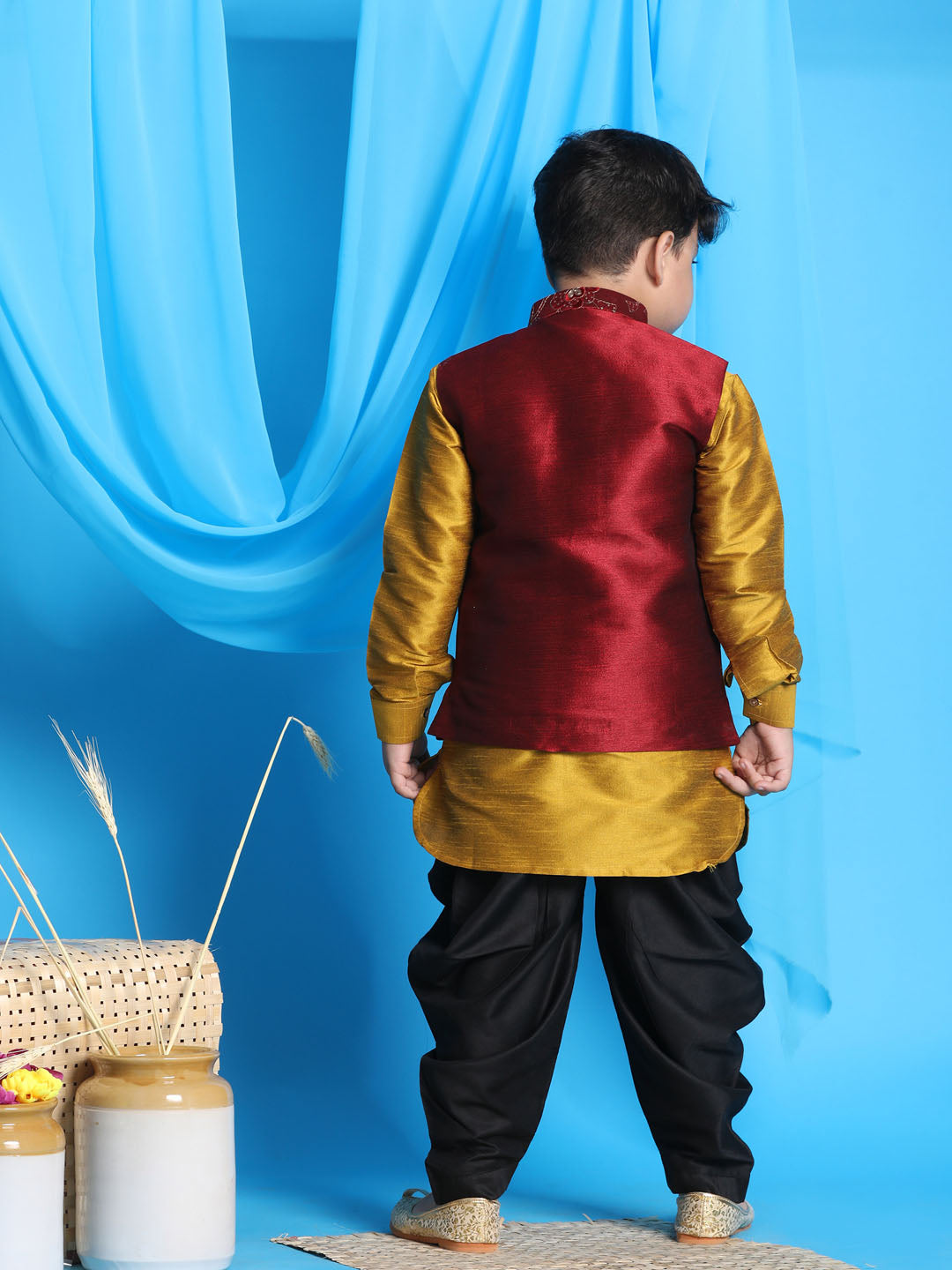 Boy's Maroon Embroidered Nehru Jacket With Mustard Kurta And Black Dhoti Set
