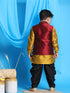 Boy's Maroon Embroidered Nehru Jacket With Mustard Kurta And Black Dhoti Set