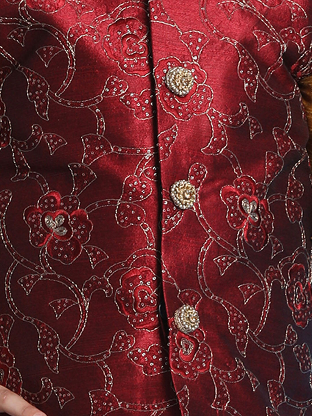 Boy's Maroon Embroidered Nehru Jacket With Mustard Kurta And Black Dhoti Set