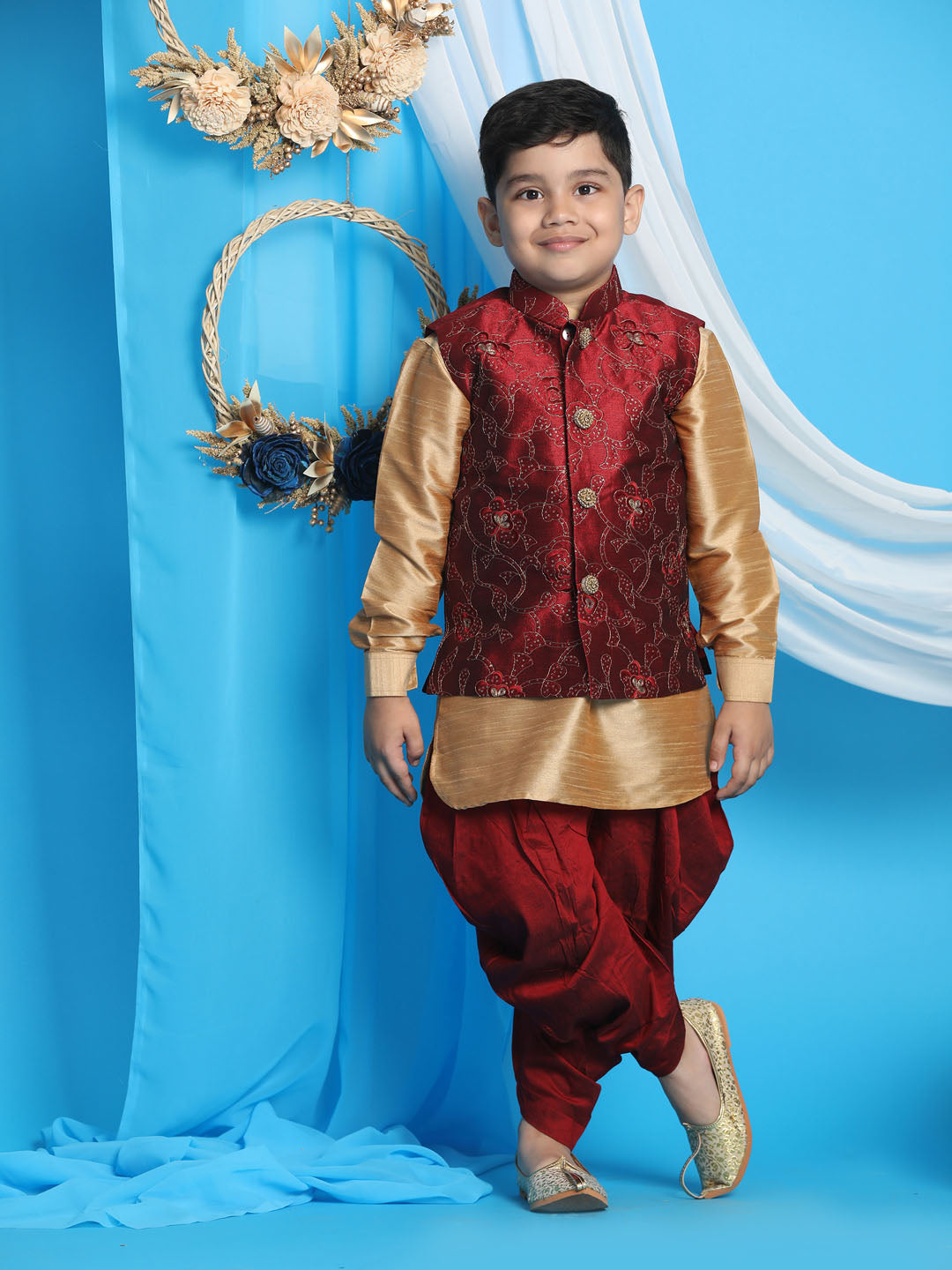 Boy's Maroon Embroidered Nehru Jacket With Rose Gold Kurta And Dhoti Set