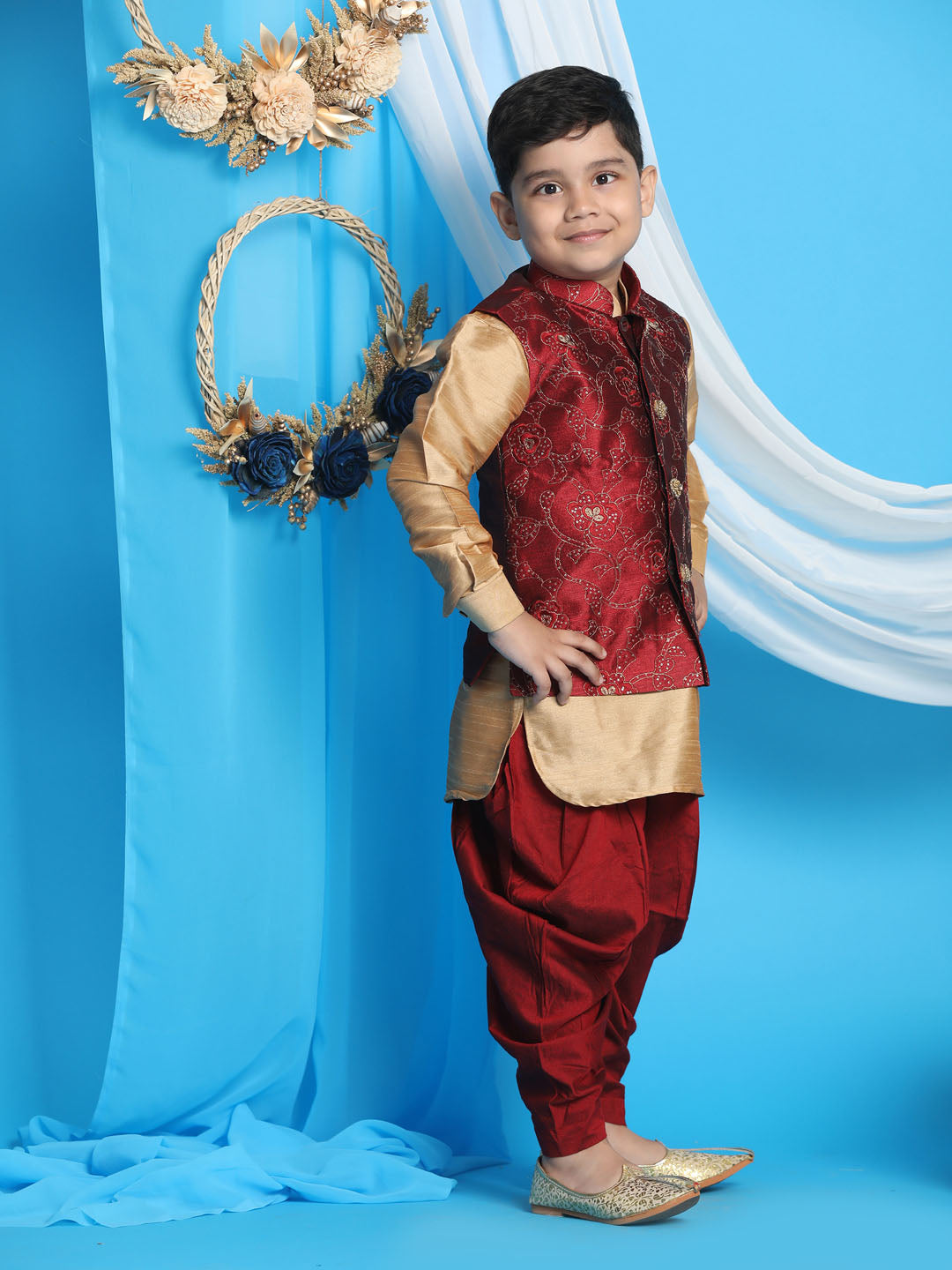 Boy's Maroon Embroidered Nehru Jacket With Rose Gold Kurta And Dhoti Set