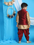 Boy's Maroon Embroidered Nehru Jacket With Rose Gold Kurta And Dhoti Set